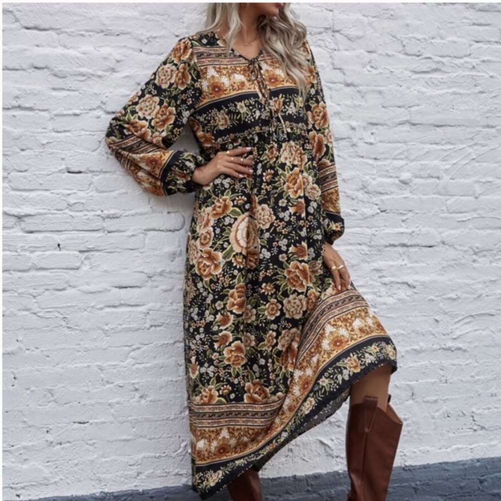 Boho Gypsy Floral Print Long Sleeve Maxi Dress - Picture 2 of 9